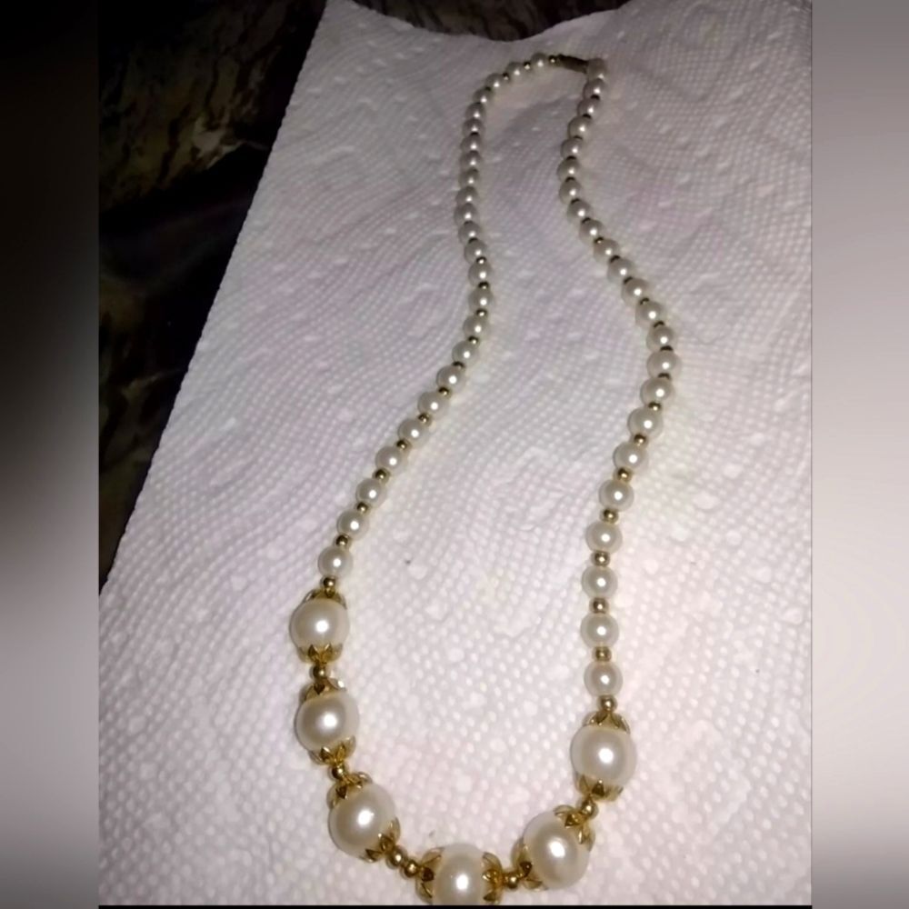 Faux Pearl and Gold Tone Bead Spacers Necklace 18"